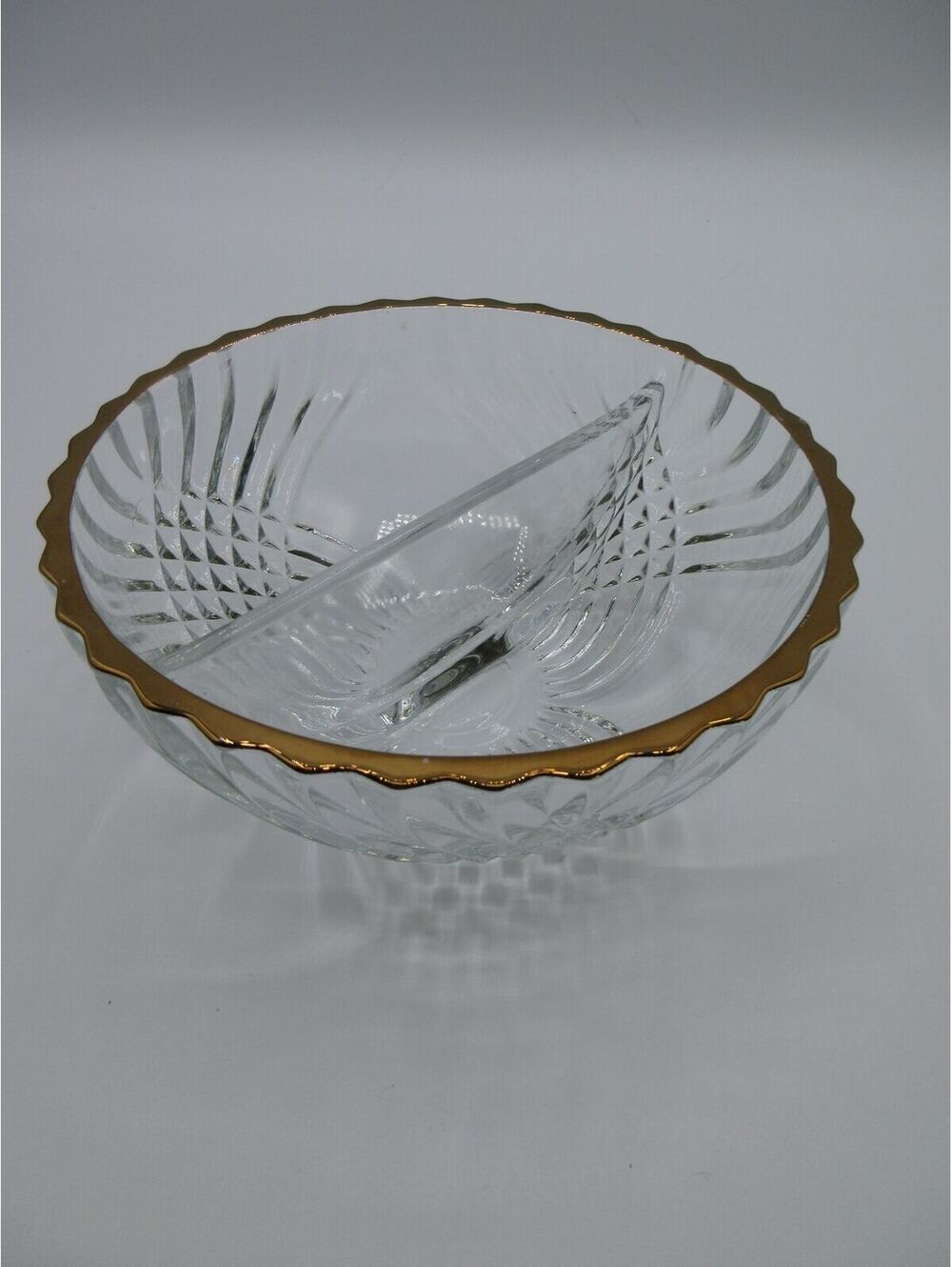150. Vintage Clear Glass Divided Serving Bowl Gold Trim Scalloped Rim
